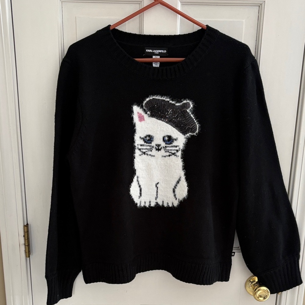 Karl Lagerfeld Black Crewneck Sweater with White Cat & Black Beret Intarsia